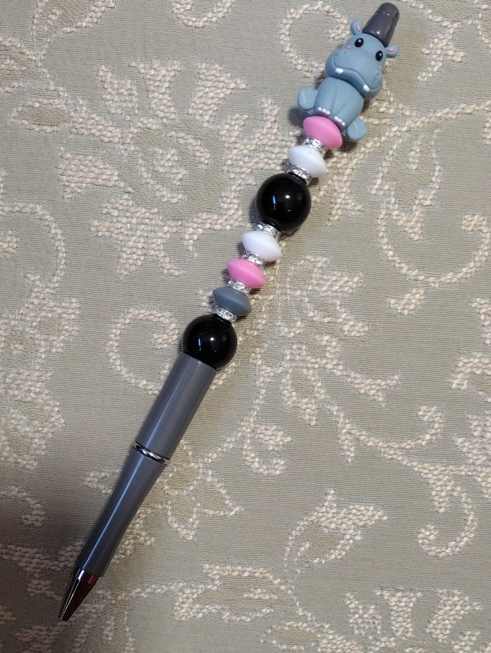 Gray and Pink Beaded Hippo Pen - Decorative Home Office Writing Pen
